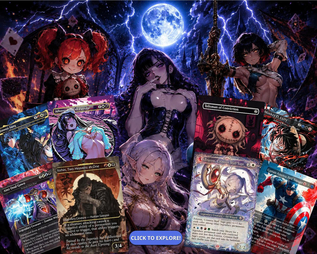 A dark, stylized promotional graphic featuring two anime-style female characters in purple outfits holding illustrated trading cards, with a central fan of many cards and a purple 'CLICK TO EXPLORE' button. The scene is heavily edited, highly saturated, and includes suggestive poses.