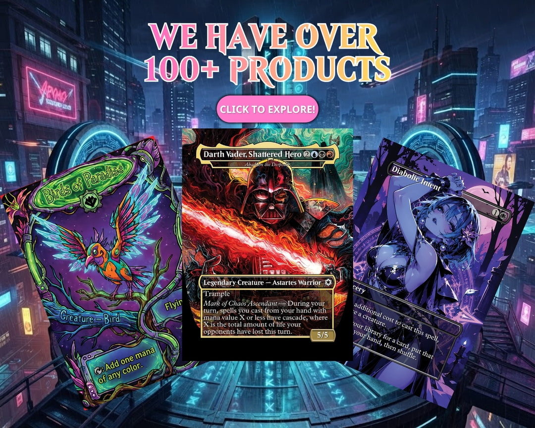 A dark, stylized promotional graphic featuring two anime-style female characters in purple outfits holding illustrated trading cards, with a central fan of many cards and a purple 'CLICK TO EXPLORE' button. The scene is heavily edited, highly saturated, and includes suggestive poses.