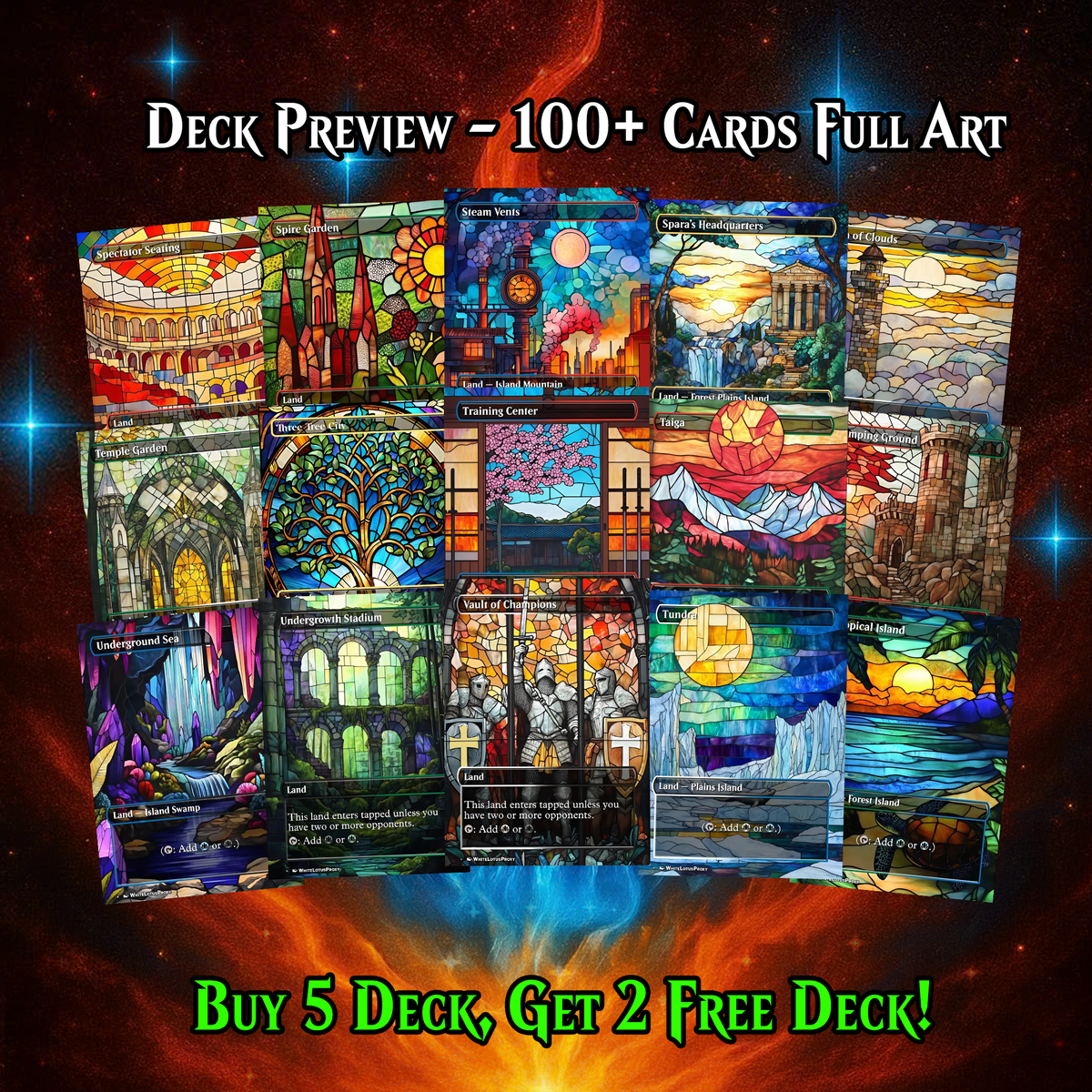 Stained Glass Mega EDH Land Pack | 55 Proxy Lands Collector Set | ProxyTCG